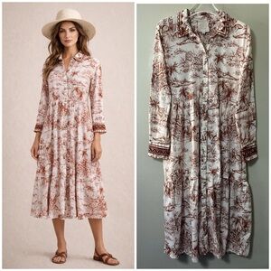 Johnny Was Rho Tiered Midi Dress M Off White Brown Jungle print, Boho Vacation